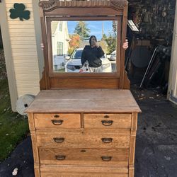 Vintage Solid Oak Dresser With Swivel Mirror