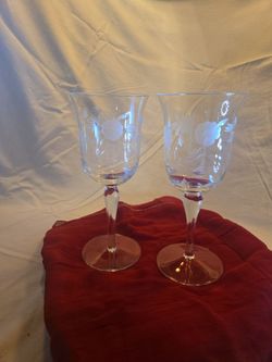 Vintage Etched Lead Crystal Wine Goblets / Water Glasses (Pair) - 7.5