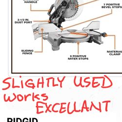 10in Mitersaw Dual Bevel Compound Ridgid, Slightly Used In Excellent Condition, Financing Available 