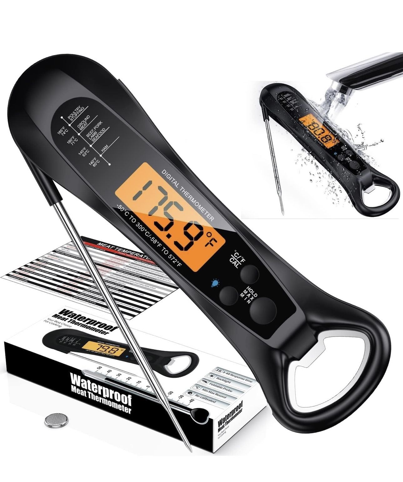 Instant Read Meat Thermometer for Cooking, Fast & Precise Digital Food Thermometer with Backlight, Magnet, Calibration, and Foldable Probe for Deep Fr