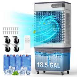 New  Industrial Evaporative Air Cooler, 18.5Gal Large Water Tank, High Velocity Airflow, Portable Swamp Cooler, 3 Speeds, Wide Angle Swing, for Garage