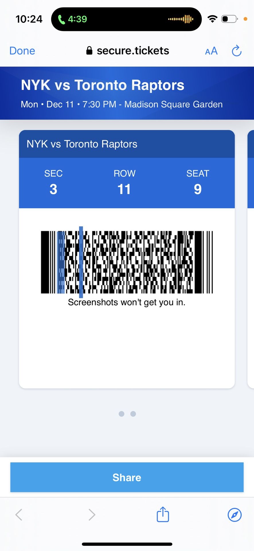 Knicks vs Raptors 12/11  Section 3 Row 11