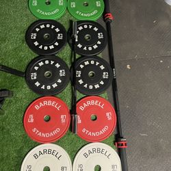 200lbs rubber plates, fitness gear bench/squat rack, barbell, ez curl bar