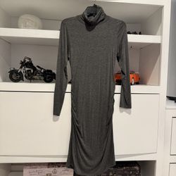 Gray Jersey Knit Turtleneck Ruched Sides Midi Dress Size M