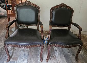 Louis XV Style Carved Wood and Black Leather Fauteuil Armchairs (2)