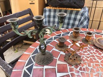 2 vintage cast metal copper candle sticks candelabra