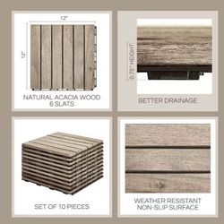 😀 10 Pcs Deck Tiles, Patio Flooring - Outdoor Waterproof Acacia Wood Tiles for All Weather Use - Balcony, Backyard, Indoor & Outdoor, White Striped