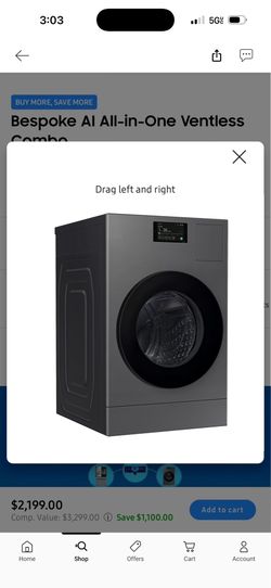 Washing and dryer machine all in one . Samsung AI opti wash and dry, ultra5.3 cu ft capacity washer,super speed, ventless design