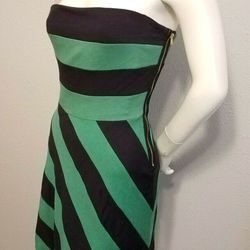 bcbgmaxazria navy blue green stripe strapless dress