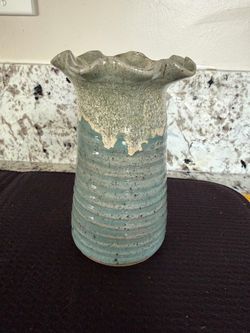 Beautiful Ruffle Rim Studio Art Pottery Blue/Beige Vase