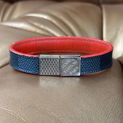 AUTH Louis Vuitton LV Damier Graphite Leather Two Tone Leather Bracelet up to 8.5”