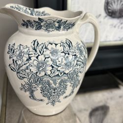 Vintage Blue and White Large Chinese Pitcher Decorative Blue 