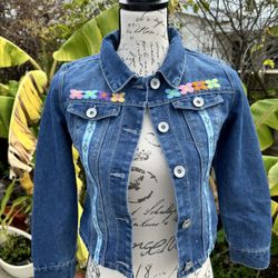  Girls Denim Sequined Jacket XL 11-12 Floral Appliqué Decorative Trim 