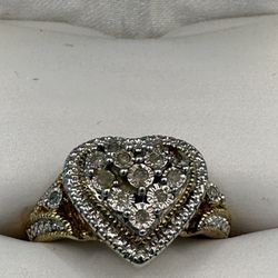 New Diamond 14KT Over Sterling Silver Heart Cluster Ring Size 6.75 And Weighs 4.00 Grams Beautiful 