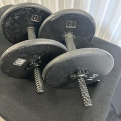 Dumbbells, (4)- 10lbs Plates & Set of 1” threaded adjustable dumbbell padded handles