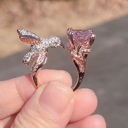 S925 Pink bird and Diamond Ring | Rose gold Gemstone Ring