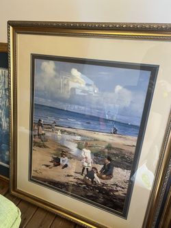 Vintage Beach Scene Painting Large Ornate Framed Art