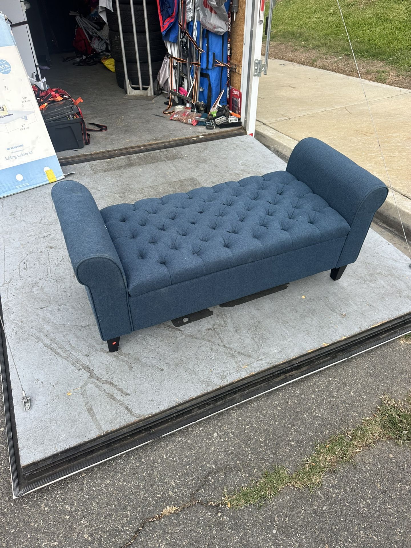 Blue Storage Ottoman, Fabric Upholstered Bench with Armrests for Bedroom