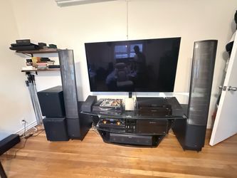 MartinLogan ElectroMotion ESL X Speakers, Emotiva BasX Stack, and Klipsch Subwoofers