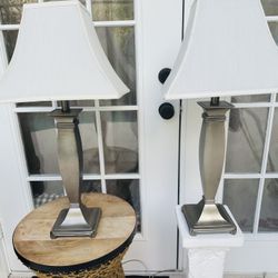 Set Of Silver Lamps with White Linen Shades