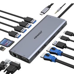 USB C Docking Station Dual Monitor for Dell/HP/Lenovo/Surface Laptop, 14 in 1 Triple Display Hub Multiple Adapter, Dongle with 2 HDMI 4K+VGA+5 Port+10