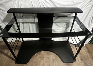 Black Glass Computer Desk with Power Outlet & Wheels – Excellent Condition