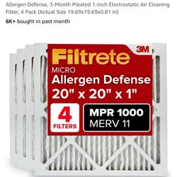 Filtrete 20x20x1 AC Furnace Air Filter, MERV 11, MPR 1000, Micro Allergen Defense, 3-Month Pleated 1-Inch Electrostatic Air Cleaning Filter, 4 Pack (A