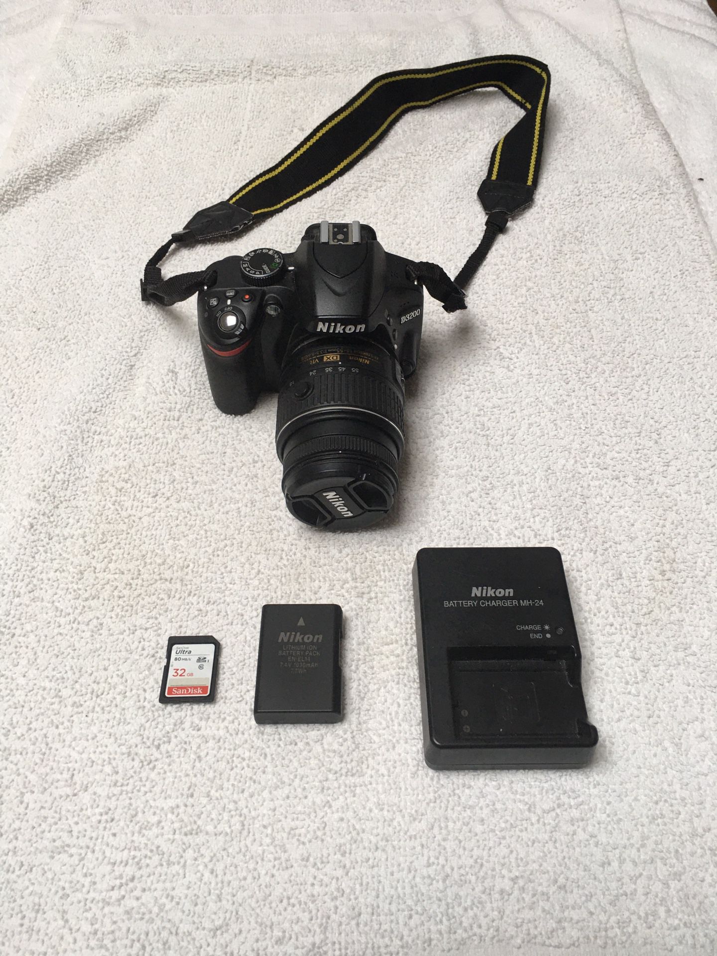 Nikon D3200 Digital SLR Camera With Nikon AF-S DX 18-55mm 1:3.5-5.6G VR II LENS Plus Battery, Charger, and 32GB Card
