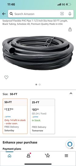Sealproof Flexible PVC Pipe 1-1/2 Inch Dia Hose 50 FT Length, Black Tubing, Schedule 40, Premium Quality Made in USA