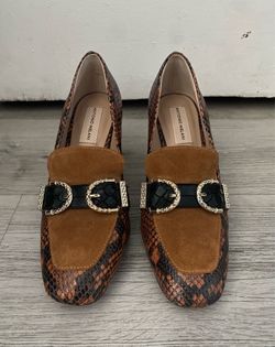 ANTONIO MELANI leather pumps w/ brown snakeskin & metal buckles (womens US 8)