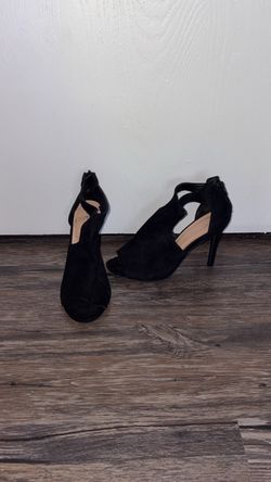 Black suede open toe cutout heels