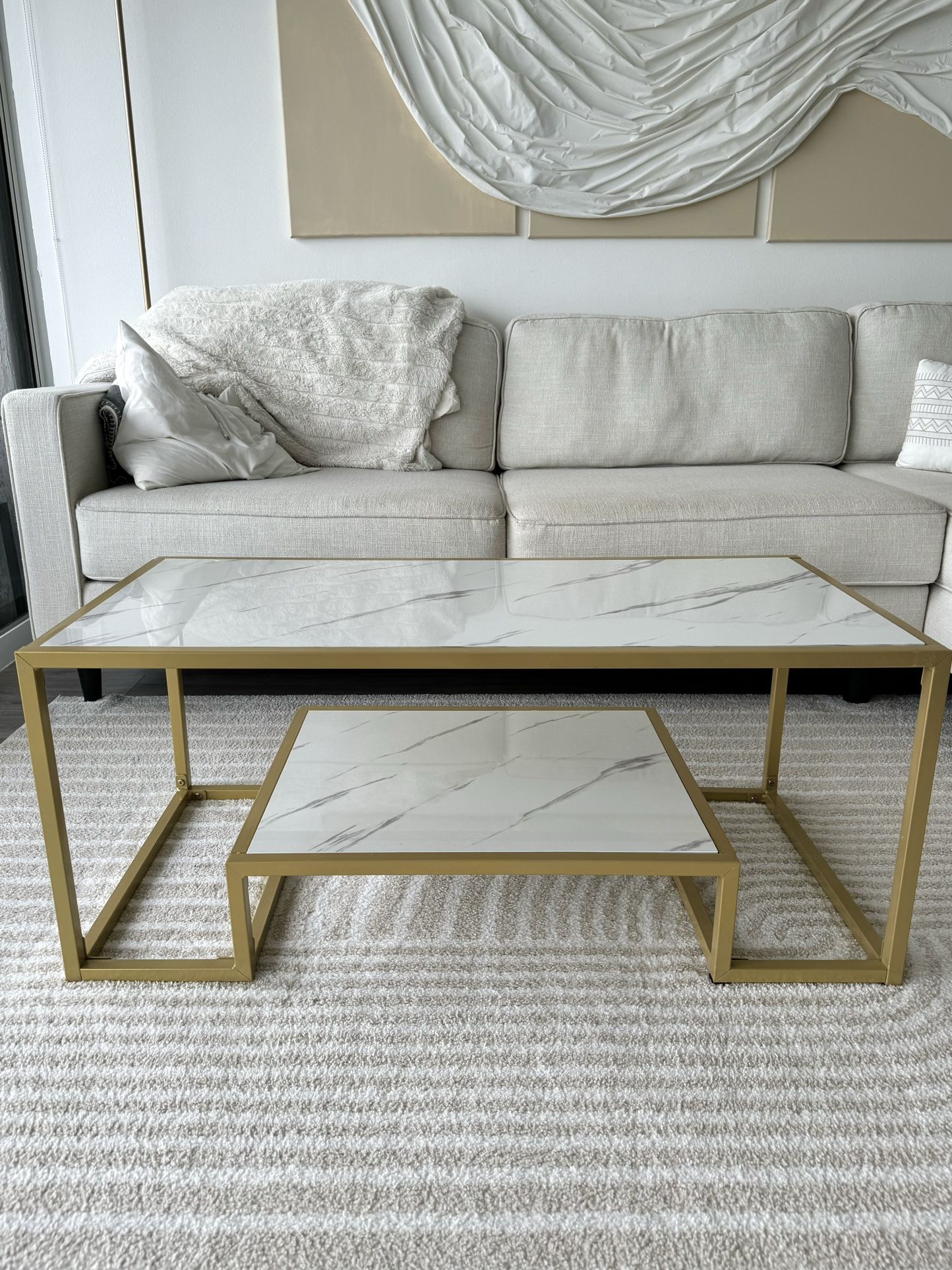 Modern Faux Marble Coffee Table With Storage Shelf
