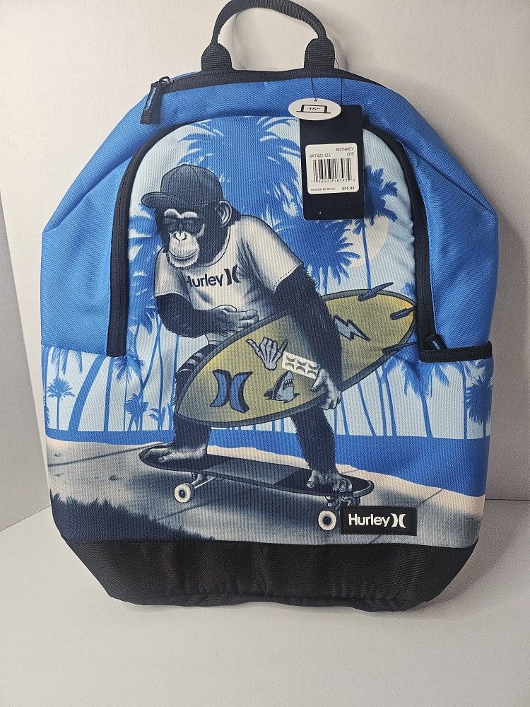 Hurley Multicolor Blue Monkey & Surfboard Graphic Backpack-NWT