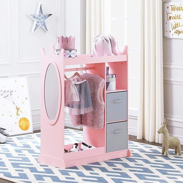 UTEX Armario para niños con espejo y contenedor de almacenamiento, color rosa, 33.4 pulgadas de ancho x 15.75 pulgadas de profundidad x 44.5 pulgadas