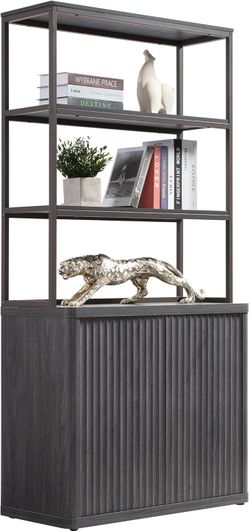 SICOTAS Book Shelf Fluted Bookshelf 71" Tall Bookcase with Doors Storage 5 Tier Mid Century Modern