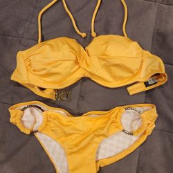 Victoria's Secret Strapless Halter Satin Gold With Gold Accents Bikini Set