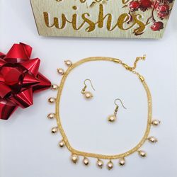 Gold With Rose Pink Pearl Necklace Set