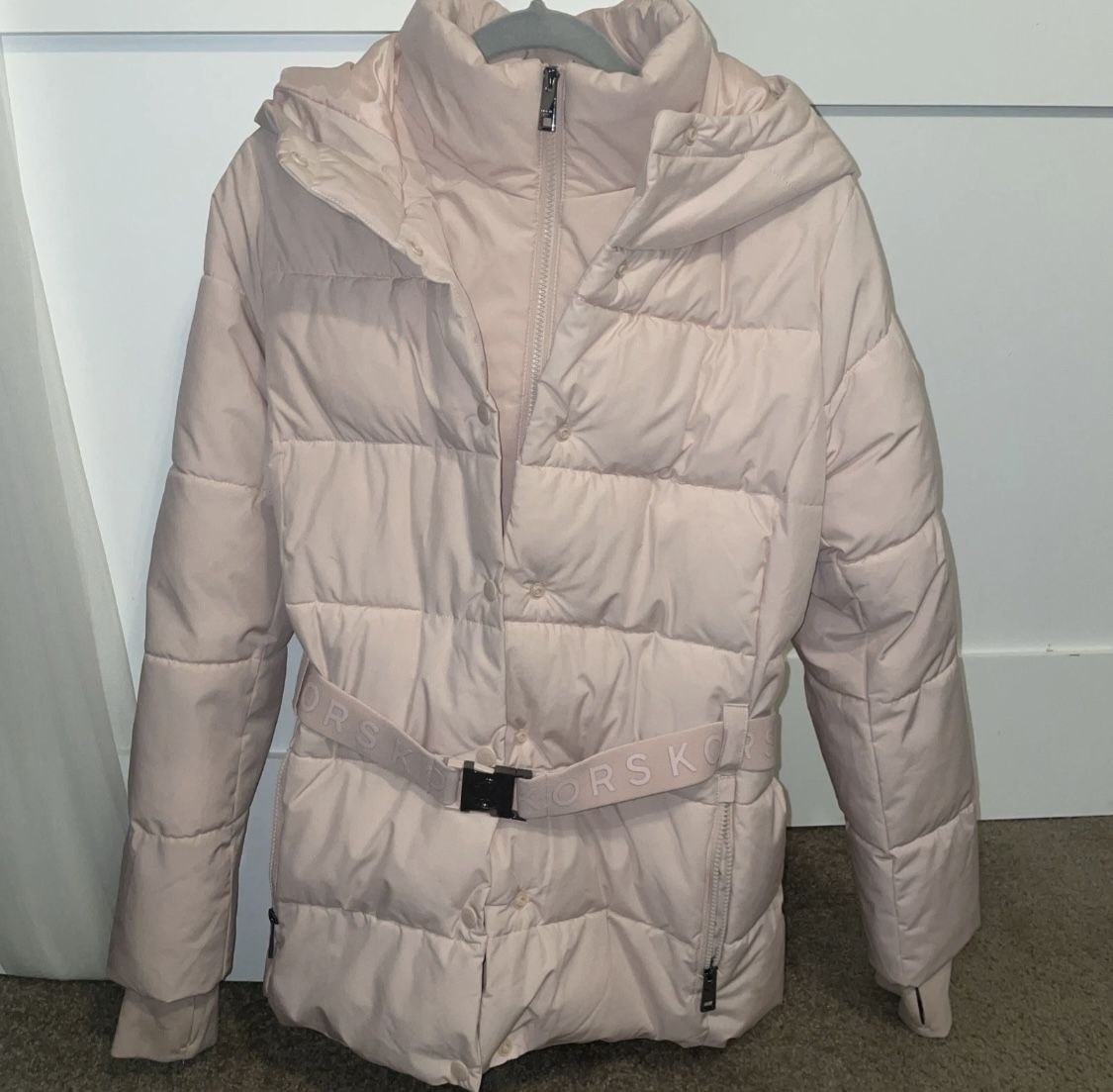 Michael Kors Women Scuba Belted Hooded Jacket Blush Pink Size Medium (retail $139)