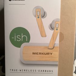 Merkury- ISH True Wireless Earbuds With Charging Case In White and Bamboo Design