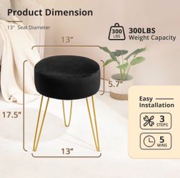 LUE BONA Vanity Stool, Black Vanity Stools for Makeup Room, Round Ottoman Foot Stool, Velvet Footrest Vanity Chair for Bathroom Vanity, Bedroom, Livin