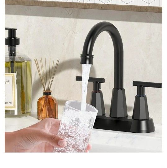 Bathroom Faucets for Sink 3 Hole, 4 inch Matte Black Bathroom Sink Faucet with Pop-up Drain and 2 Supply Hoses, Stainless Steel Lead-Free 2-Handle Cen