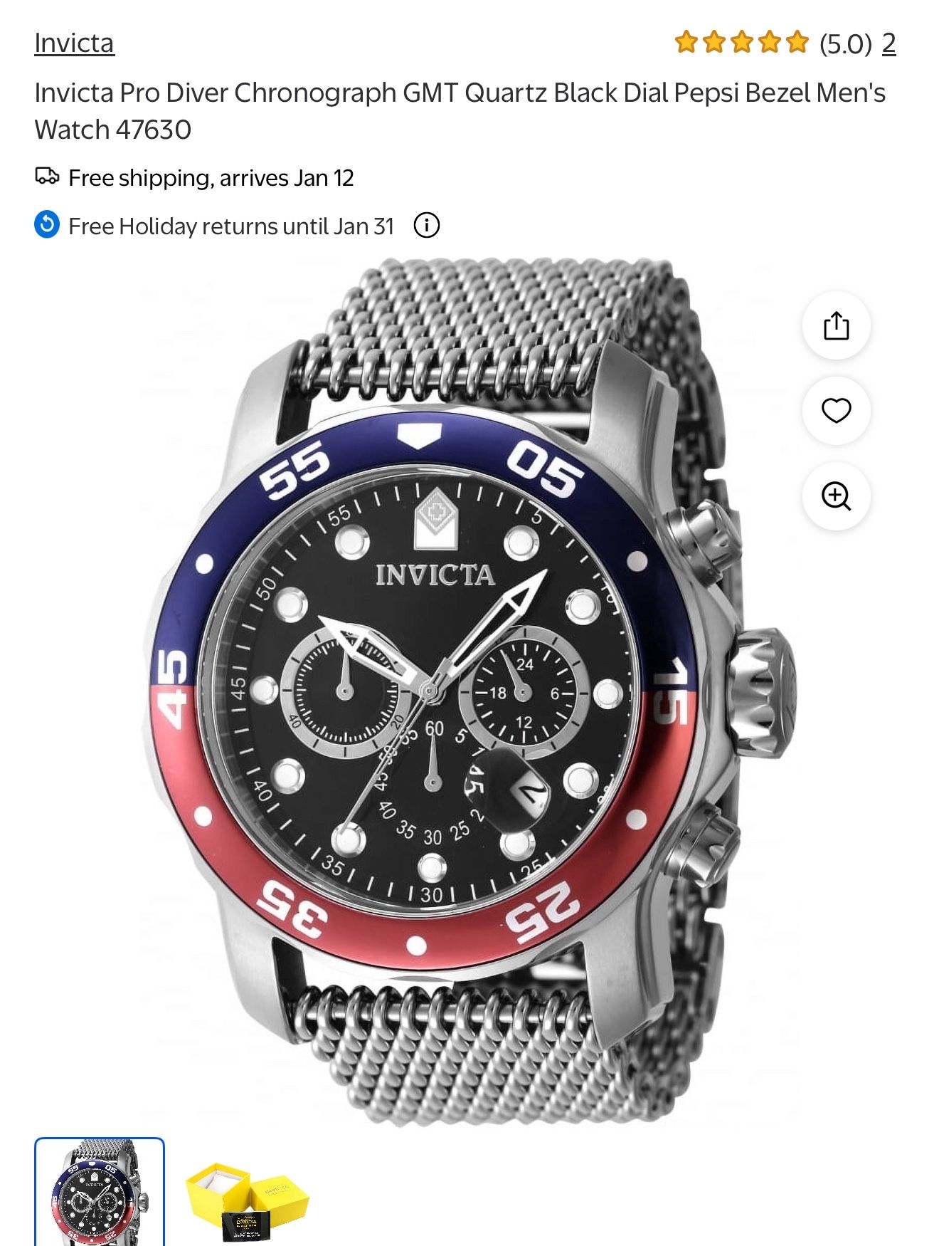 Invicta Pro Diver Chronograph GMT Quartz Black Dial Pepsi Bezel Men's Watch 47630