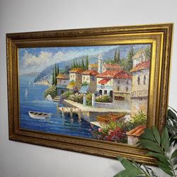 Vintage European Coastline Painting Ocean Front Art with Ornate Frame