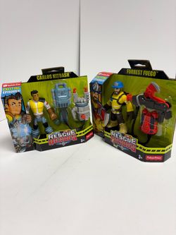 Fisher Price Rescue Heroes Carlos Kitbash And Forrest Fuego Figure Spinning Arc