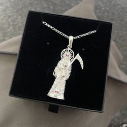 Santa Muerte Grim Reaper Pendant w/ 22in Figaro Chain Solid 925 Sterling Silver