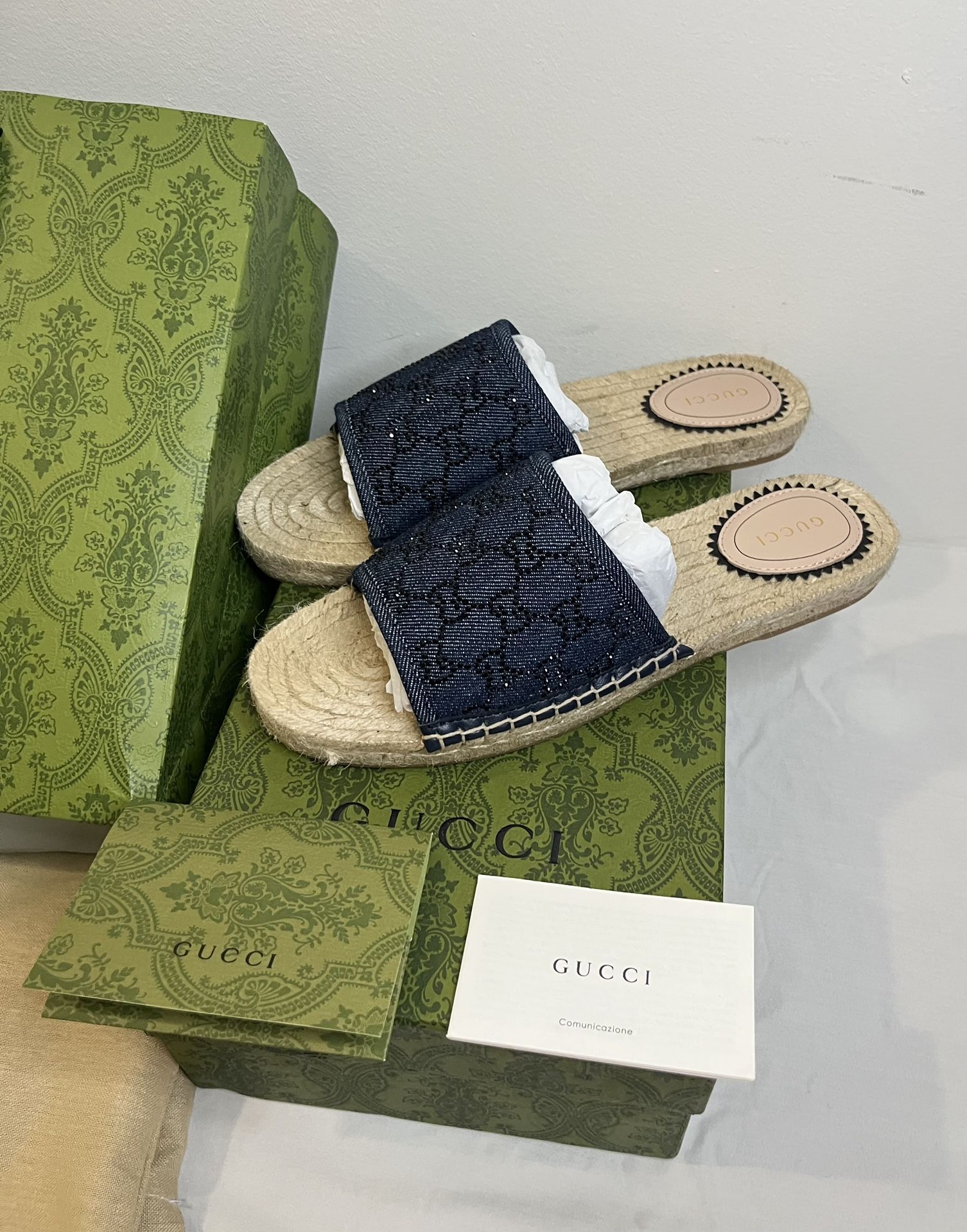 π₯ Authentic Gucci Pilar GG Denim Crystal Espadrille Sandals β Brand New π₯