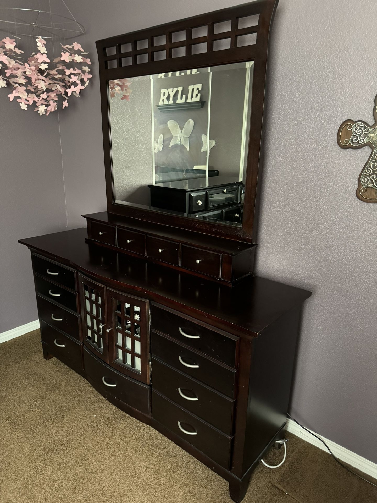 Queen Bedroom Set: Bed Frame, Dresser With Mirror, Nightstands