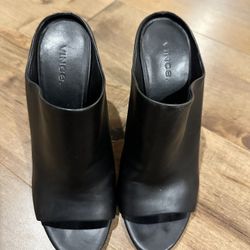 Vince Black Leather Mule Heels 7.5 Open Toe Slide Sandals Block Heel Minimalist