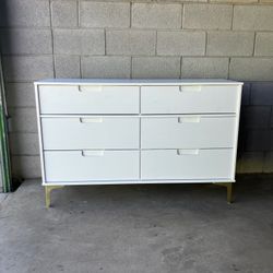 White Mid-Century Modern 6 Drawer Dresser with Gold Feet 