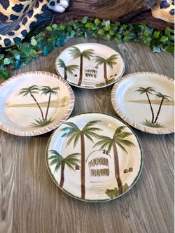 Tropical Palm Tree Plates Set of 4 Coastal Decor